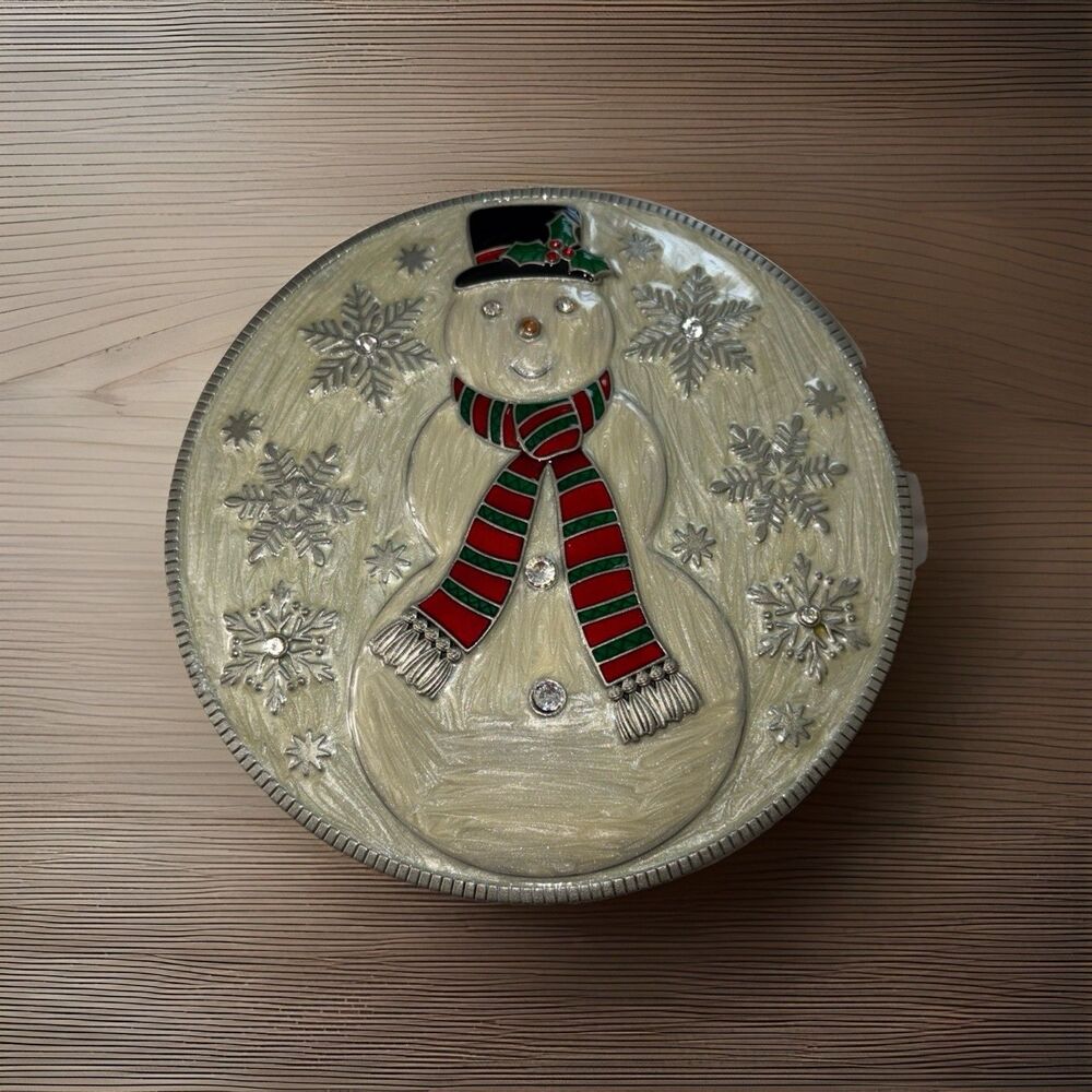 Olivia & Gracie Christmas Snowman Metal Enamel Jewelry Trinket Box with Mirror